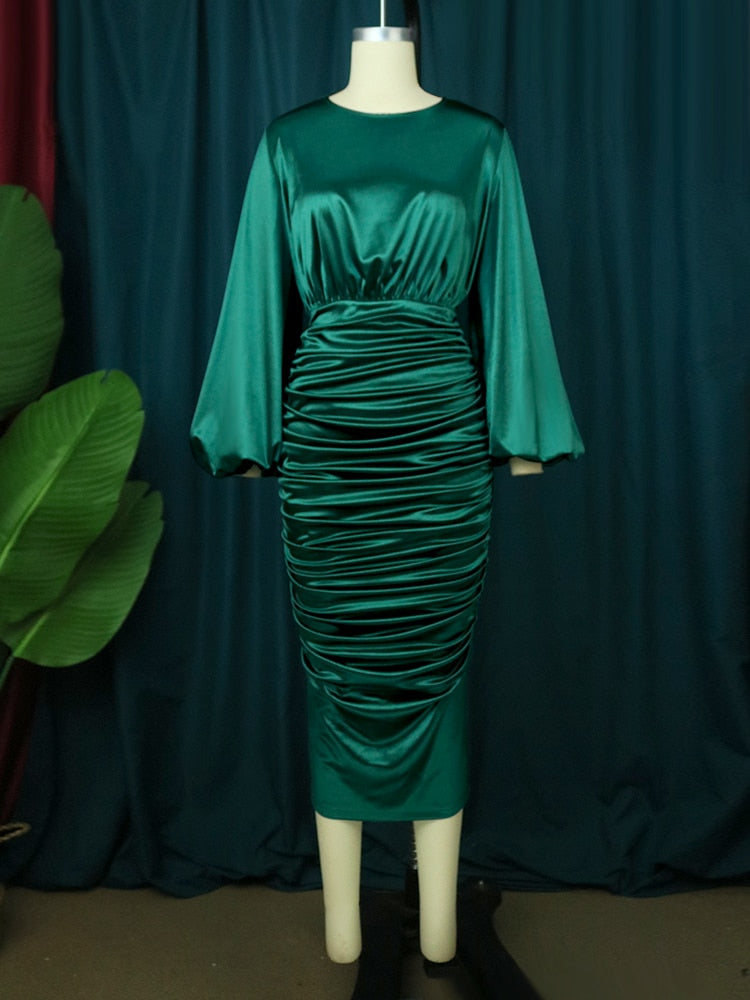 Satin Green Plus Bodycon Elastic Smocked Midi Dress to 4X