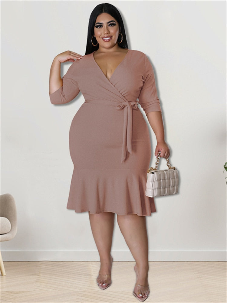 Ruffled Hem Solid Deep V-Neck Bandage Plus Size Midi Dress to 4X