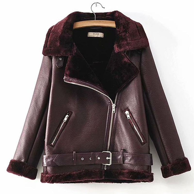 Cross Zipper Turn-Down Velvet Faux Fur Collar Biker Motorcycle Bomber Jacket w/ Belt