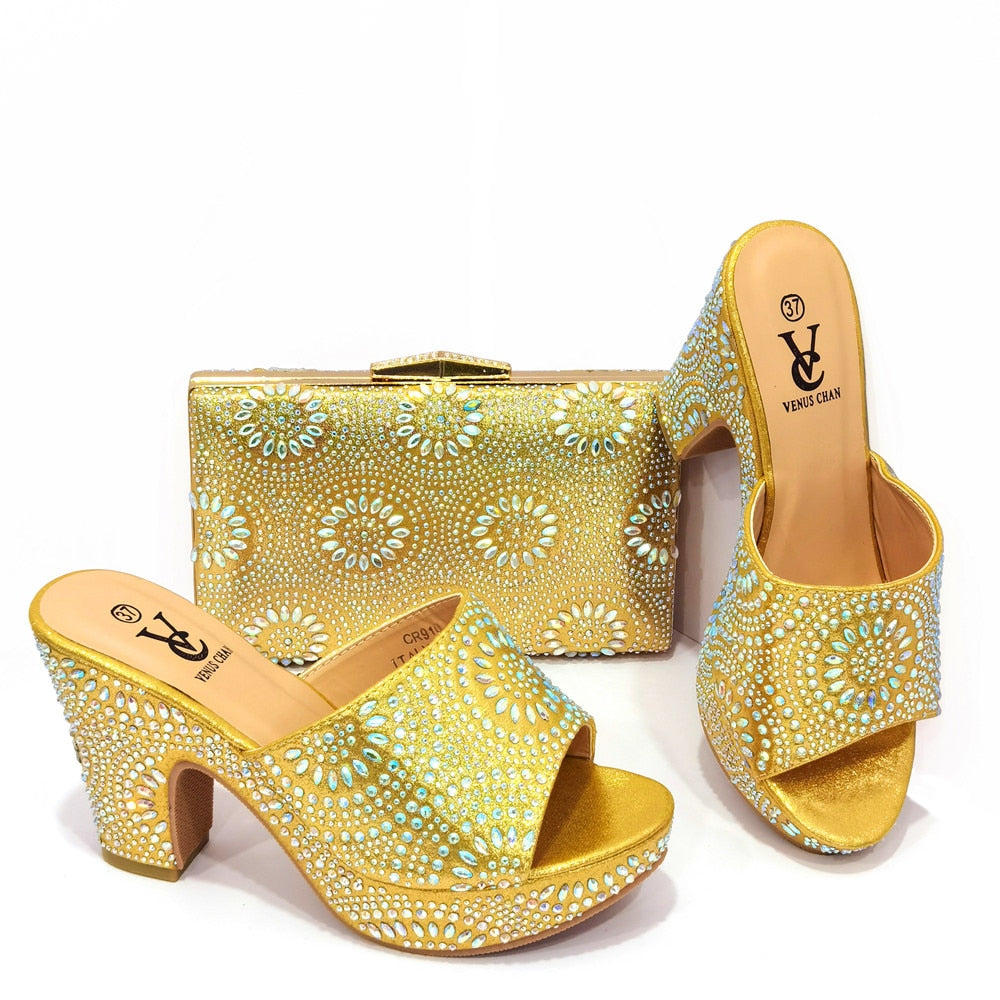 African Print Open Toe Slip On Platform Heel Sandals + Matching Clutch Purse Shoe & Purse Set