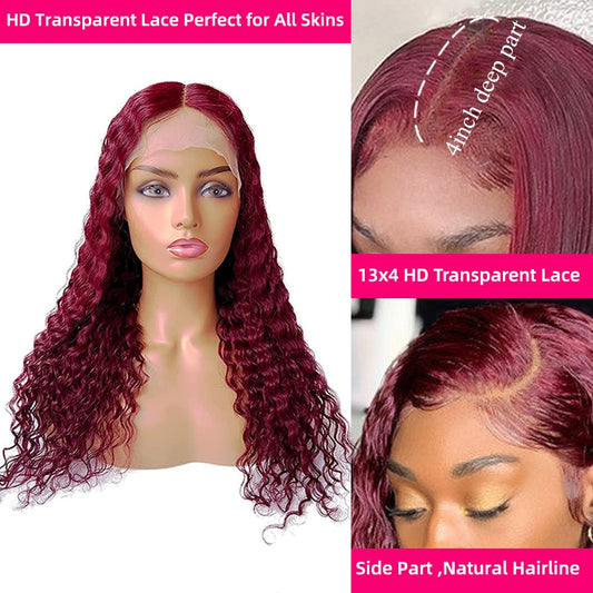 Deep Wave Burgundy 13x4 HD Transparent Lace Frontal Glueless Wiga