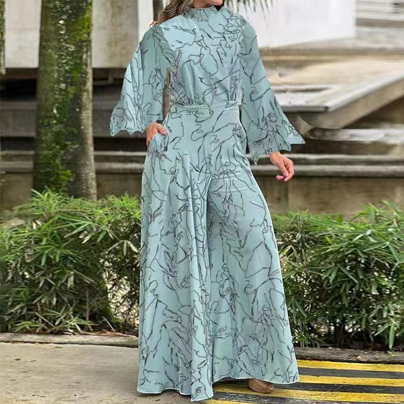 Abstract Long Sleeve Tie Nipped Waist Wide Leg Jumpsuit