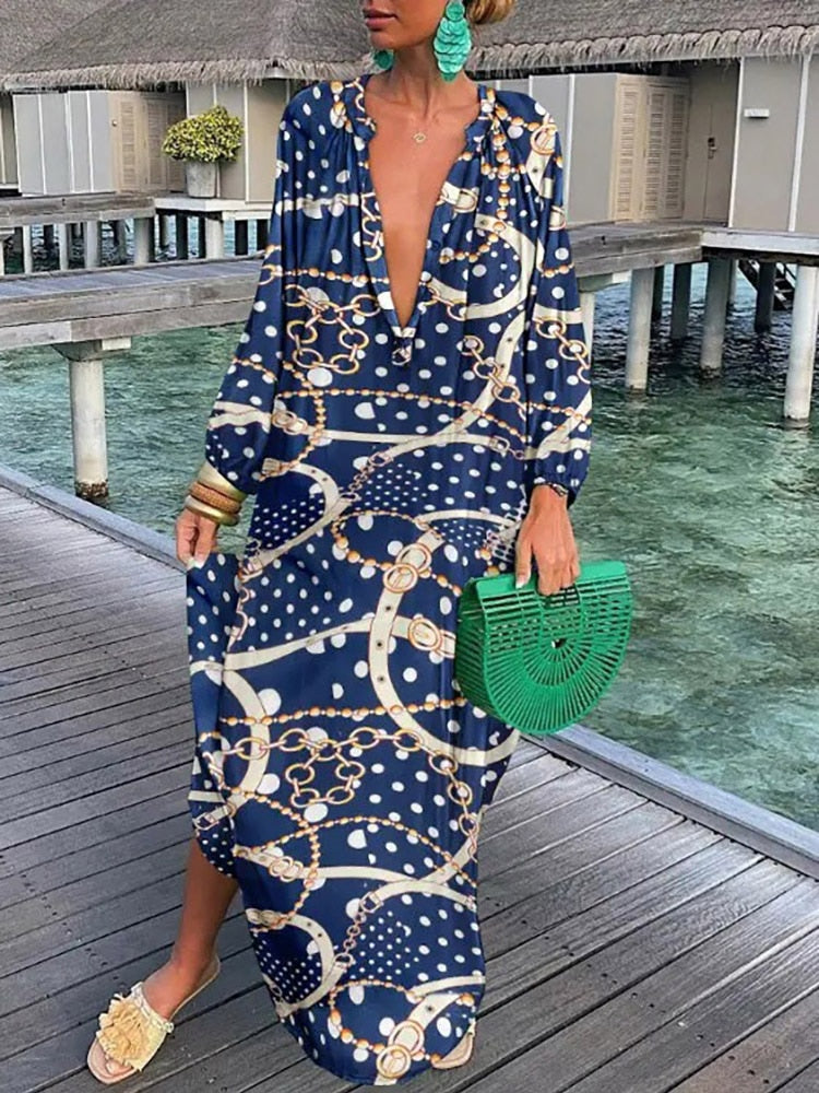 Bohemian Deep V-Neck Vintage Print Long Sleeve Maxi Dress