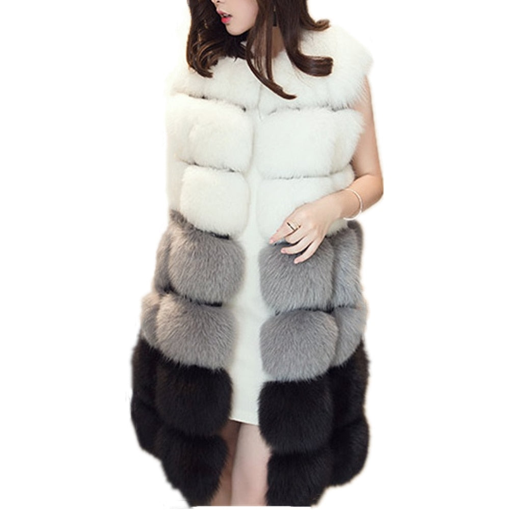 Women's Colorblock Long Faux Fur Vest Coat