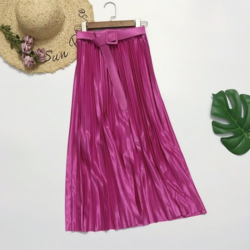 Satin Loose Pleated Solid Color High Waisted Maxi Skirt