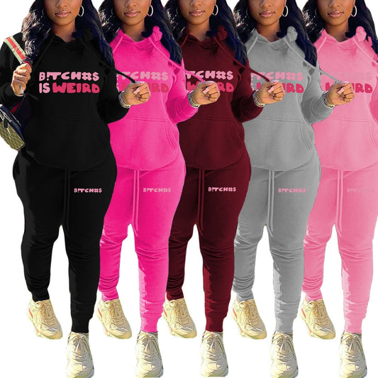 "B%&tches Is Wierd" Printed Women's Hoodie + Sweatpants Tracksuit to 5X Plus Size