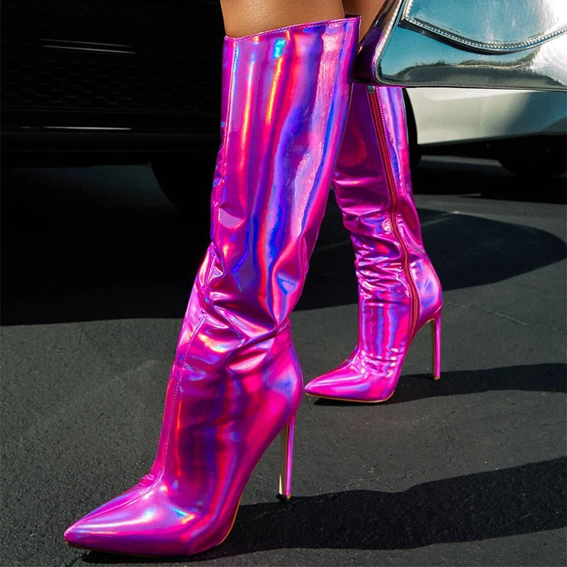 Mirror Metallic Fringe Tassel Detail Glitter Pointed Toe Mid-Calf Women's Boots