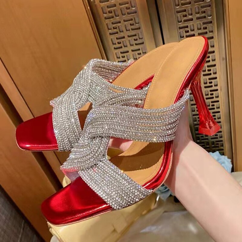 Rhinestone High Heel Peep Toe Crystal Cross Strap Mule Sandals