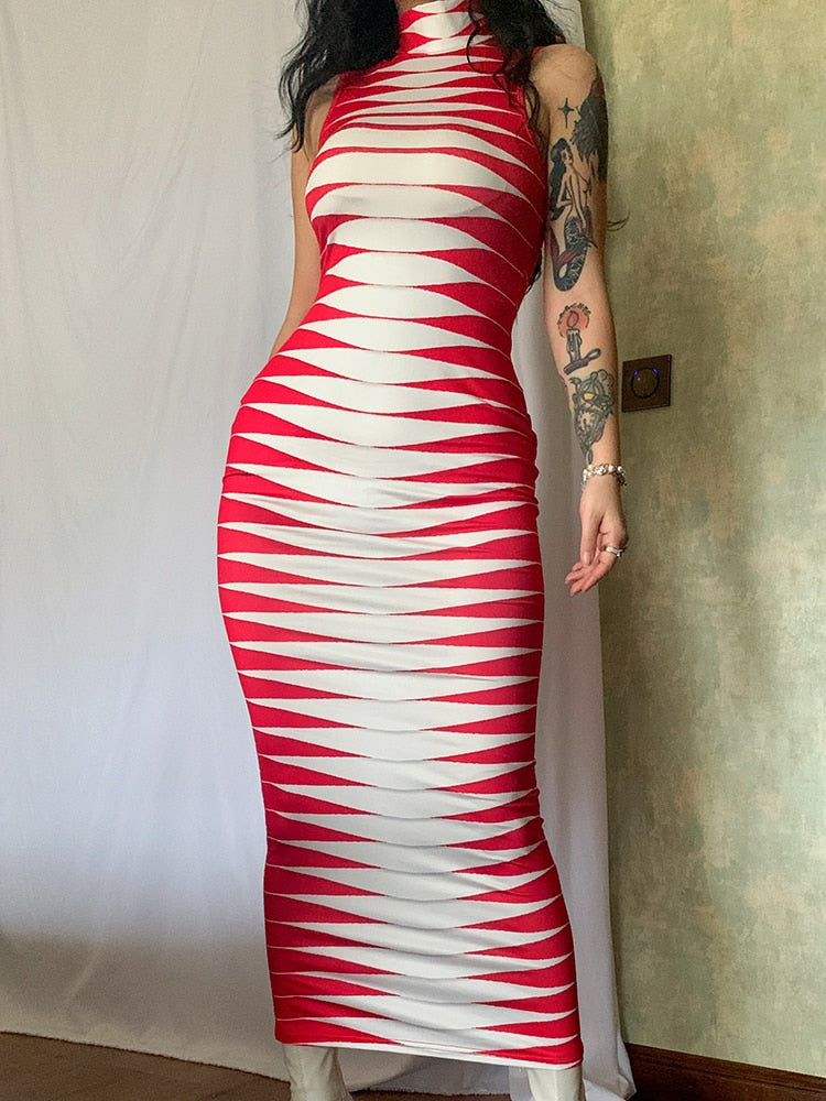 Sleeveless Striped Printed Bodycon Pencil Maxi Dress