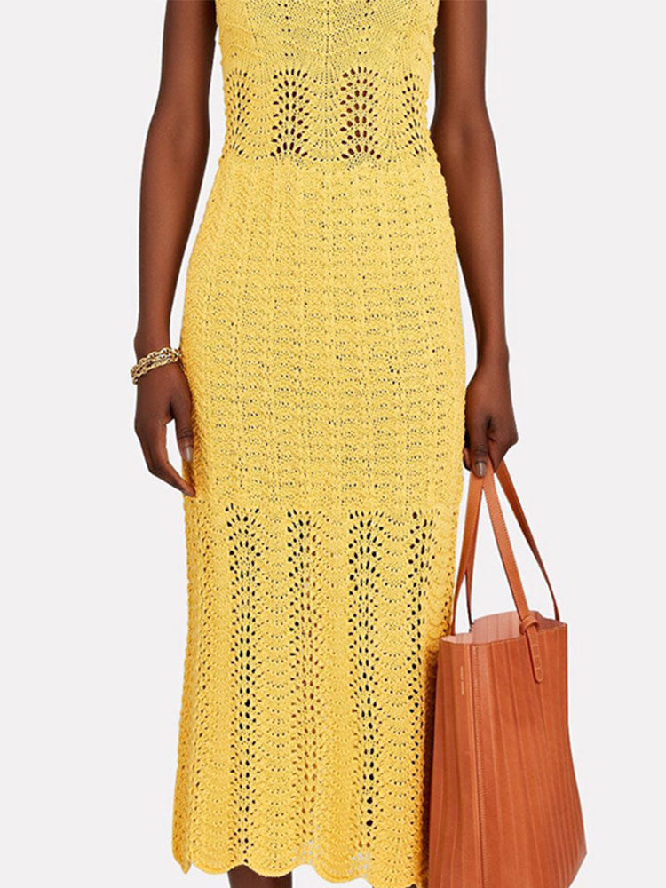 Sleeveless Solid Square Neck Crochet Tunic Maxi Dress