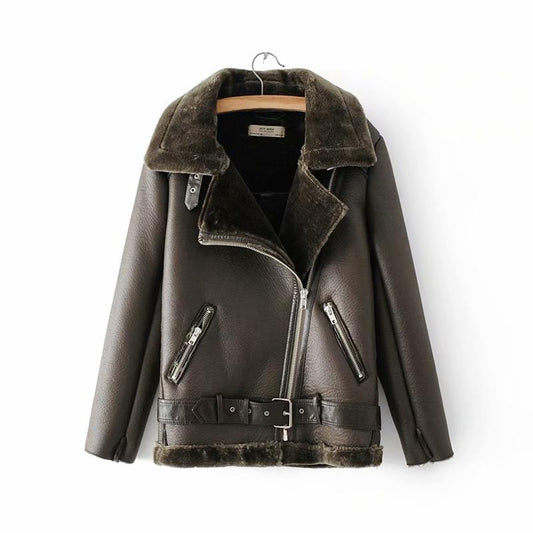 Cross Zipper Turn-Down Velvet Faux Fur Collar Biker Motorcycle Bomber Jacket w/ Belt