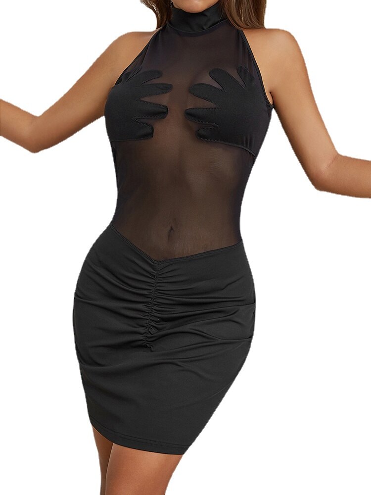 Hands On Chest Design Sheer Mesh Patchwork Round Neck Bodycon Mini Bandage Dress