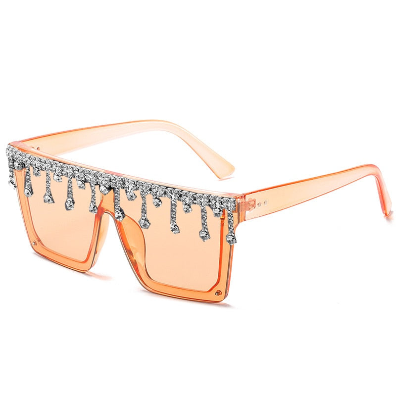 Dripping Iced Out Crystal Rhinestone Tassel Drop Oversized UV400 Ladies Sunglasses