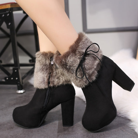 Plush Furry Platform Round Toe Square Heel Ankle Boots