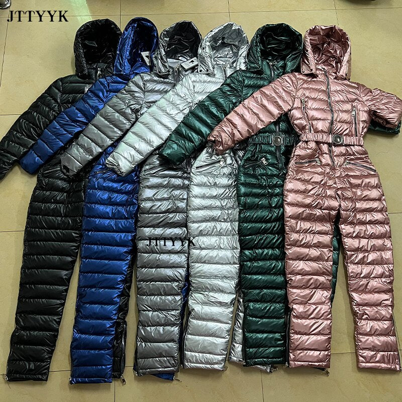 Fur Hood Quilted Solid Color Ladies Ski Snowsuit