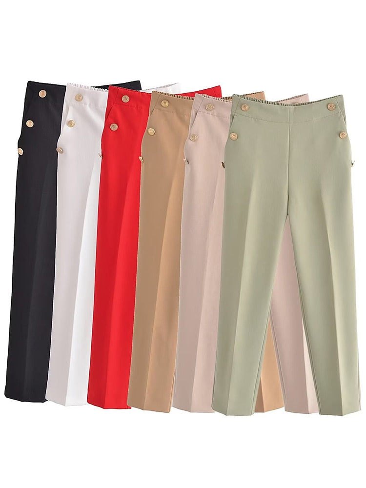 Women's Button Solid Trouser Vintage High Elastic Waist Wide Leg Pants