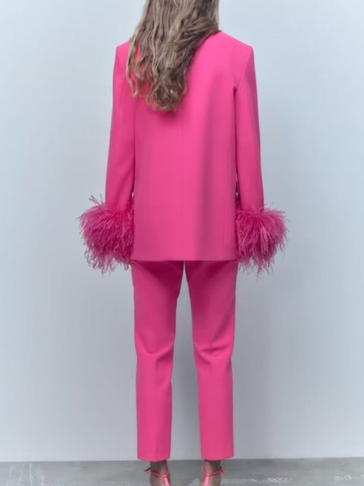 Hot Pink Feather Blazer + Slacks Women's Suit