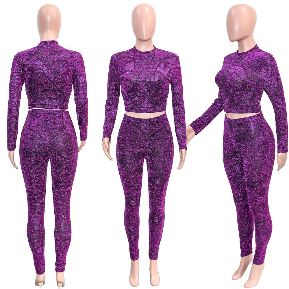 Glitter Geometric Turtleneck Long Sleeve Crop Top + Leggings Skinny 2-Piece Set