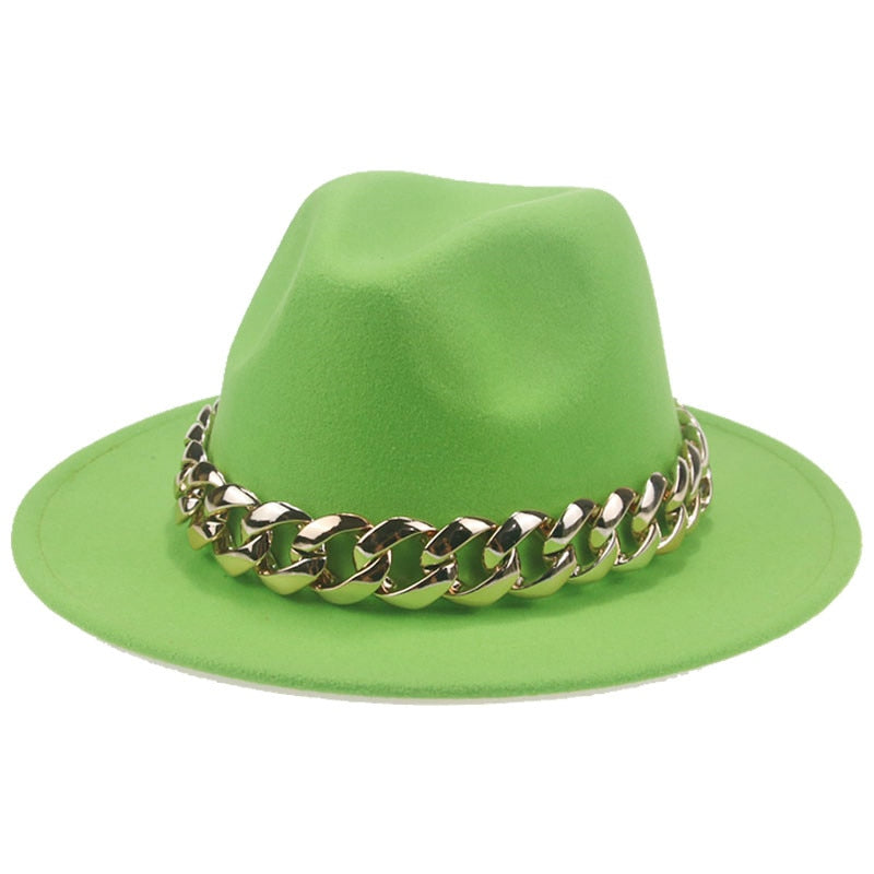 Unisex Gold Chain Design Wide Brim Panama Fedora Hat