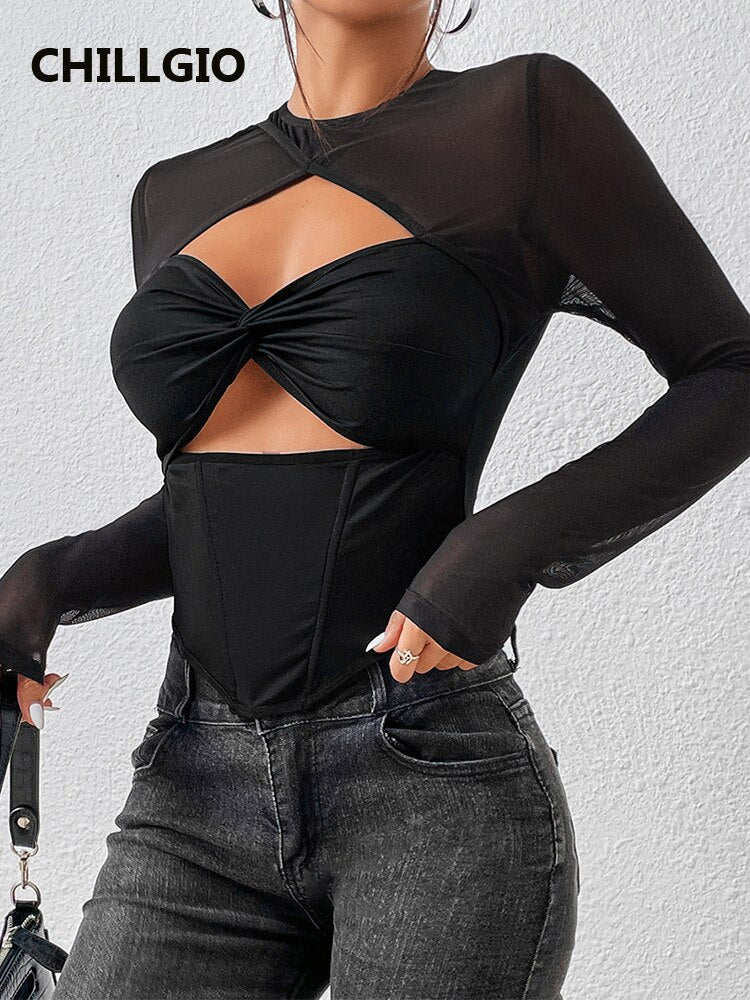 Cut Out Mesh Long Sleeve Bodysuit