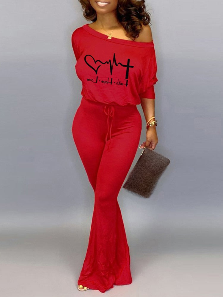 Print Off Shoulder Lace Up 1-Piece Jumpsuits