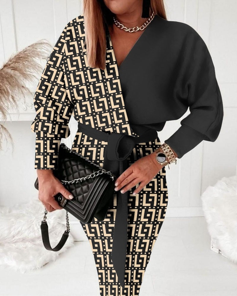 Geometric Print Long Sleeve Belted Midi Wrap Dress