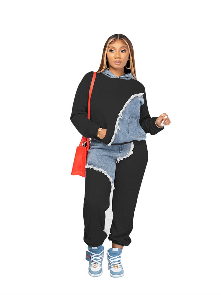 Patchwork Demin Decor Hoodie & Sweatpant Matching 2-Piece Set Plus to 4X