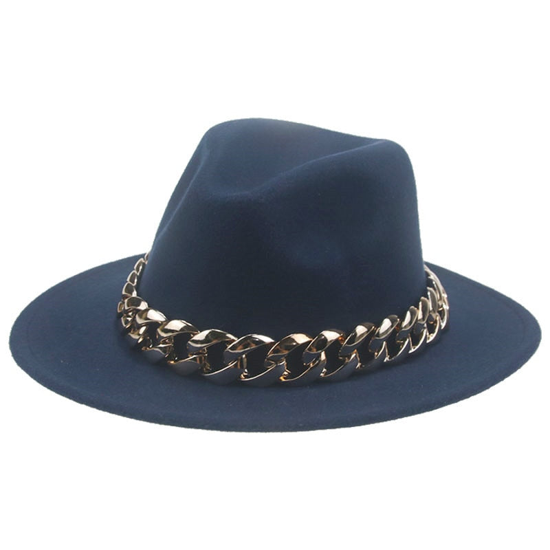 Unisex Gold Chain Design Wide Brim Panama Fedora Hat