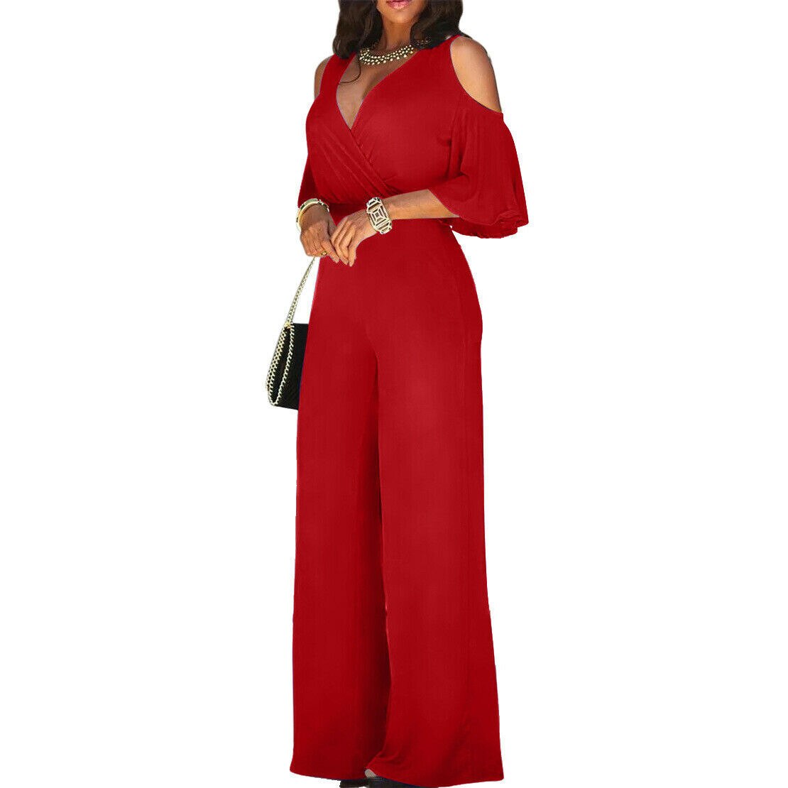 Bandage V-Neck Wide Leg Long Sleeved Jumpsuit