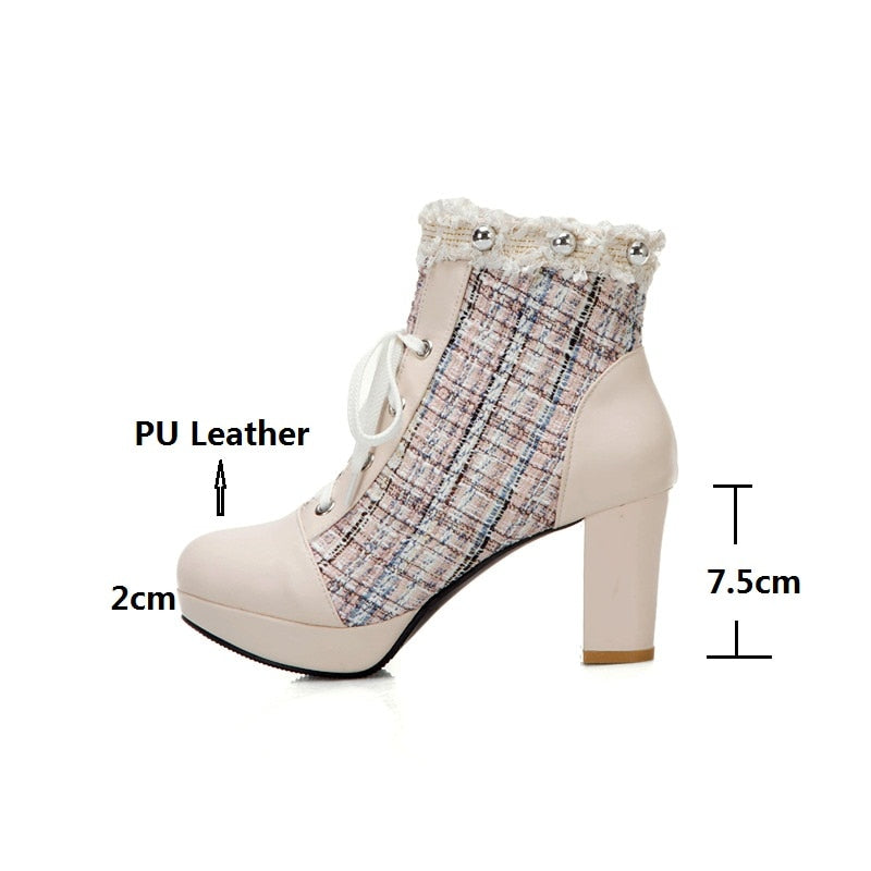 Tweed Plaid Square High Platform Tweed Lace-Up Ankle Boots