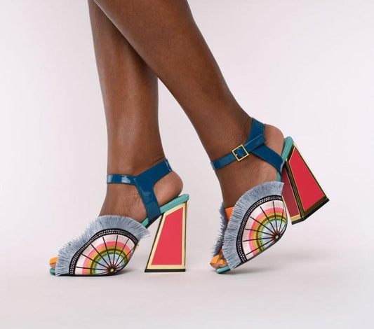 Multi-Color Patchwork Genuine Leather Silk Spike Heels Open Toe Buckle Strap Sandals