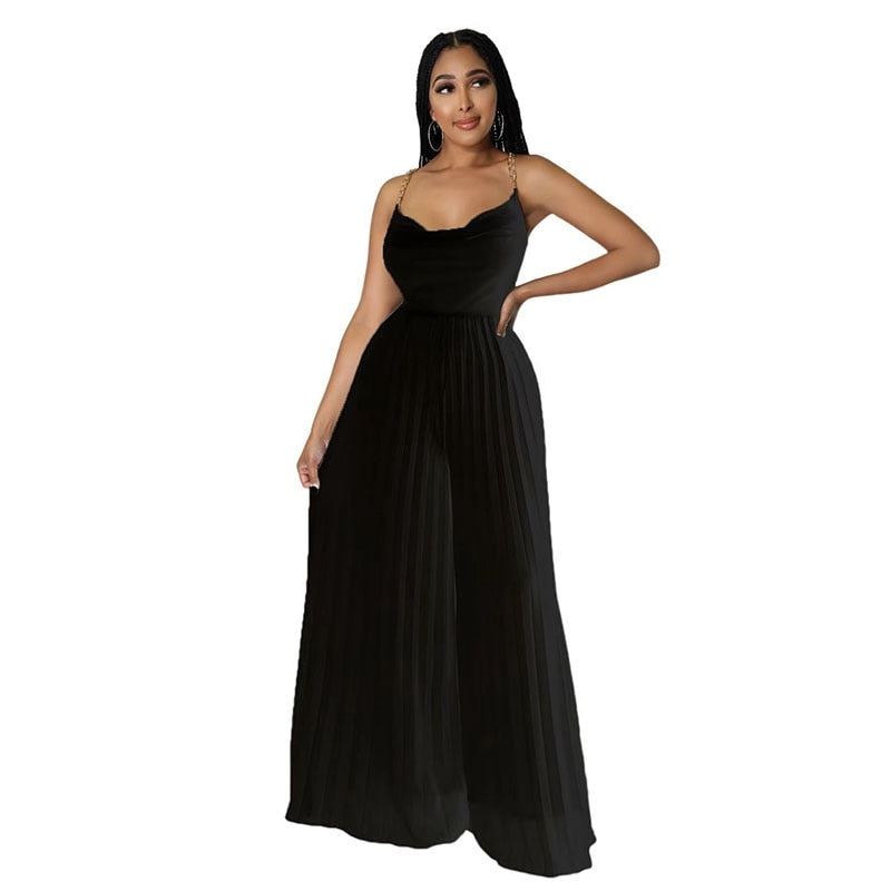 Pleated Chiffon Spaghetti Chain Strap Backless Wide Leg Jumpsuit