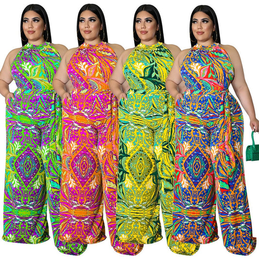 African Print Sleeveless Printed Wide Leg Jumpsuit w/ Sash Belt to 5X Plus Size