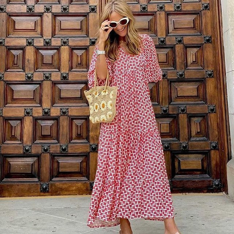 Geometric Dot Floral Puff Sleeve Maxi Drawstring Loose Dress