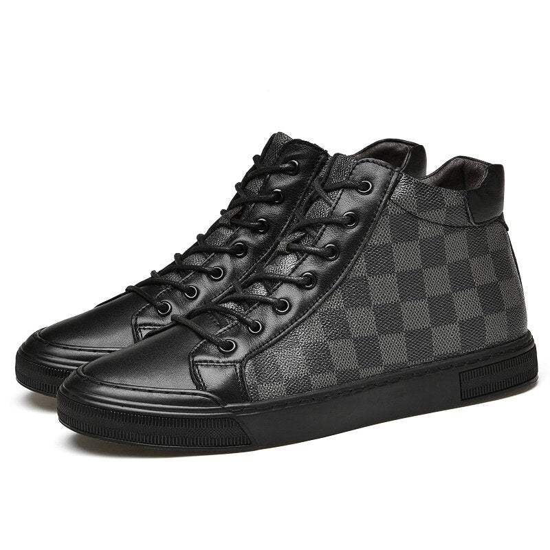 Checkered Pattern Genuine Leather Men's Ankle Boots