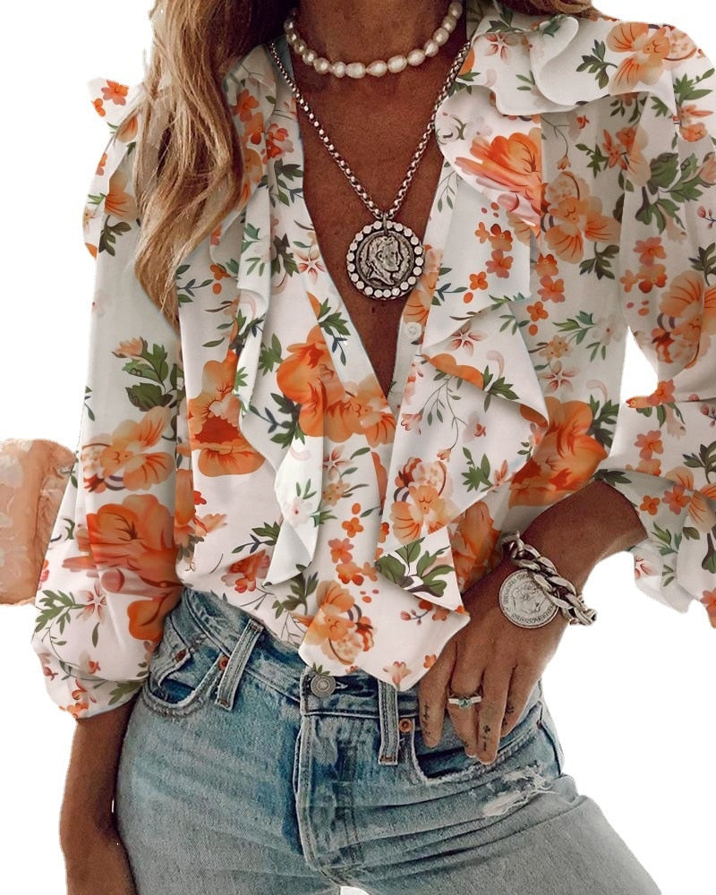 Puff Sleeve Women's Butterfly Flower V-Neck Blouse