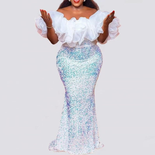 Ruffle Sequin Trumpet Mermaid Maxi Plus Size Dress