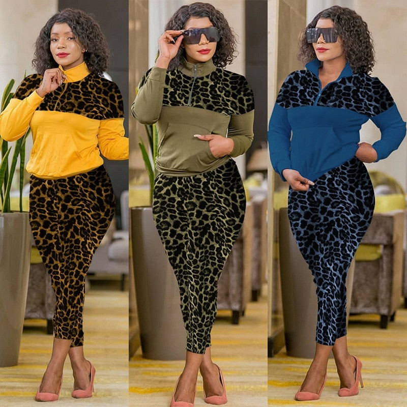 Colorblock/Leopard Print Women's Long Sleeve Zipper Jacket + Leopard Sweatpants Tracksuit to 3X