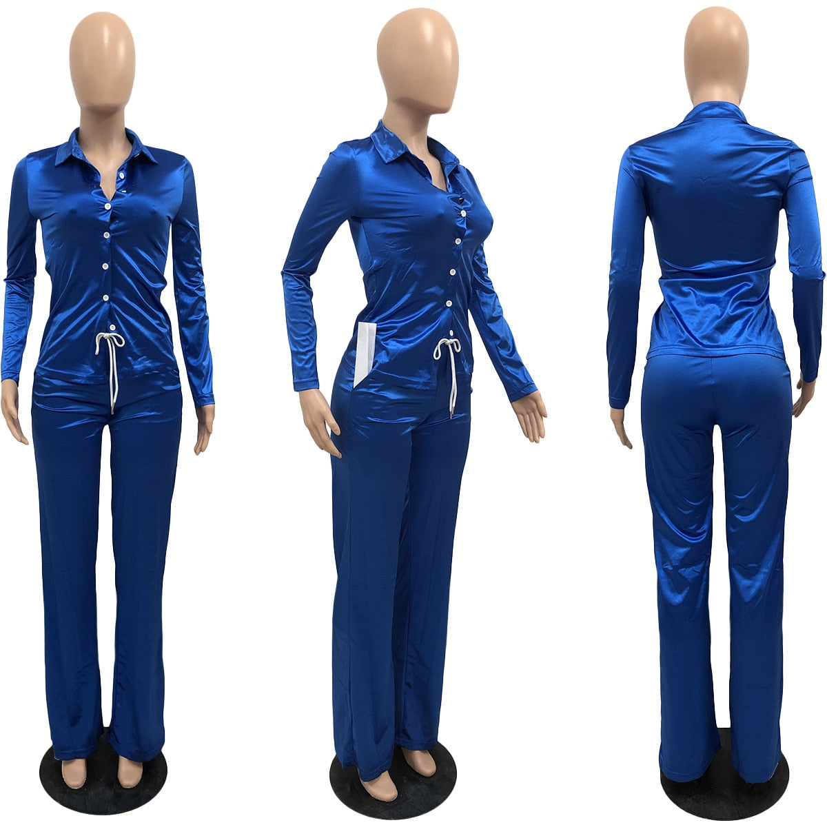 Satin Button Long Sleeve Lace Up Shirt Top + Drawstring Pants 2-Piece Set