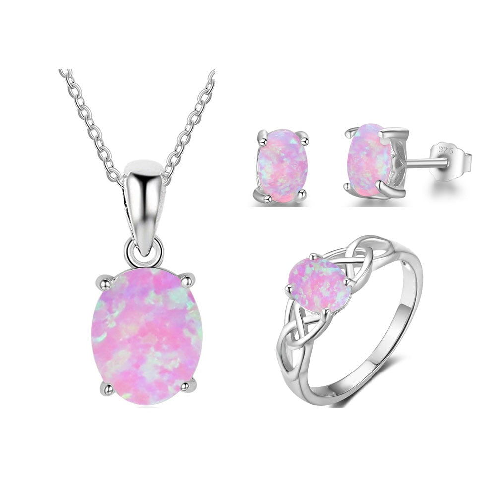 Pink Opal Ring, Pendant Necklace + Stud Earrings Jewelry Set