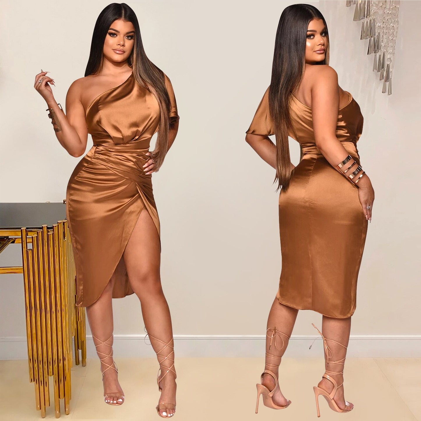 Satin Asymmetrical One-Sleeve Irregular Bodycon Side Slit Dress