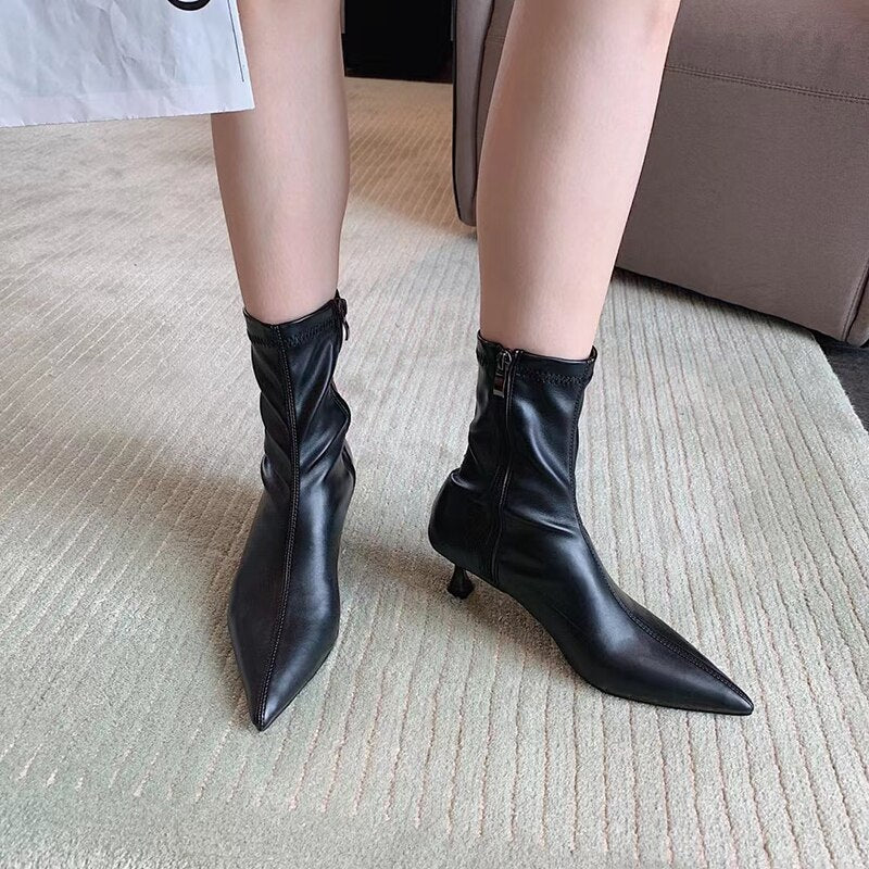 Pointed Toe Stretch Shoes Thin Mid Heel Side Zipper Ankle Boots