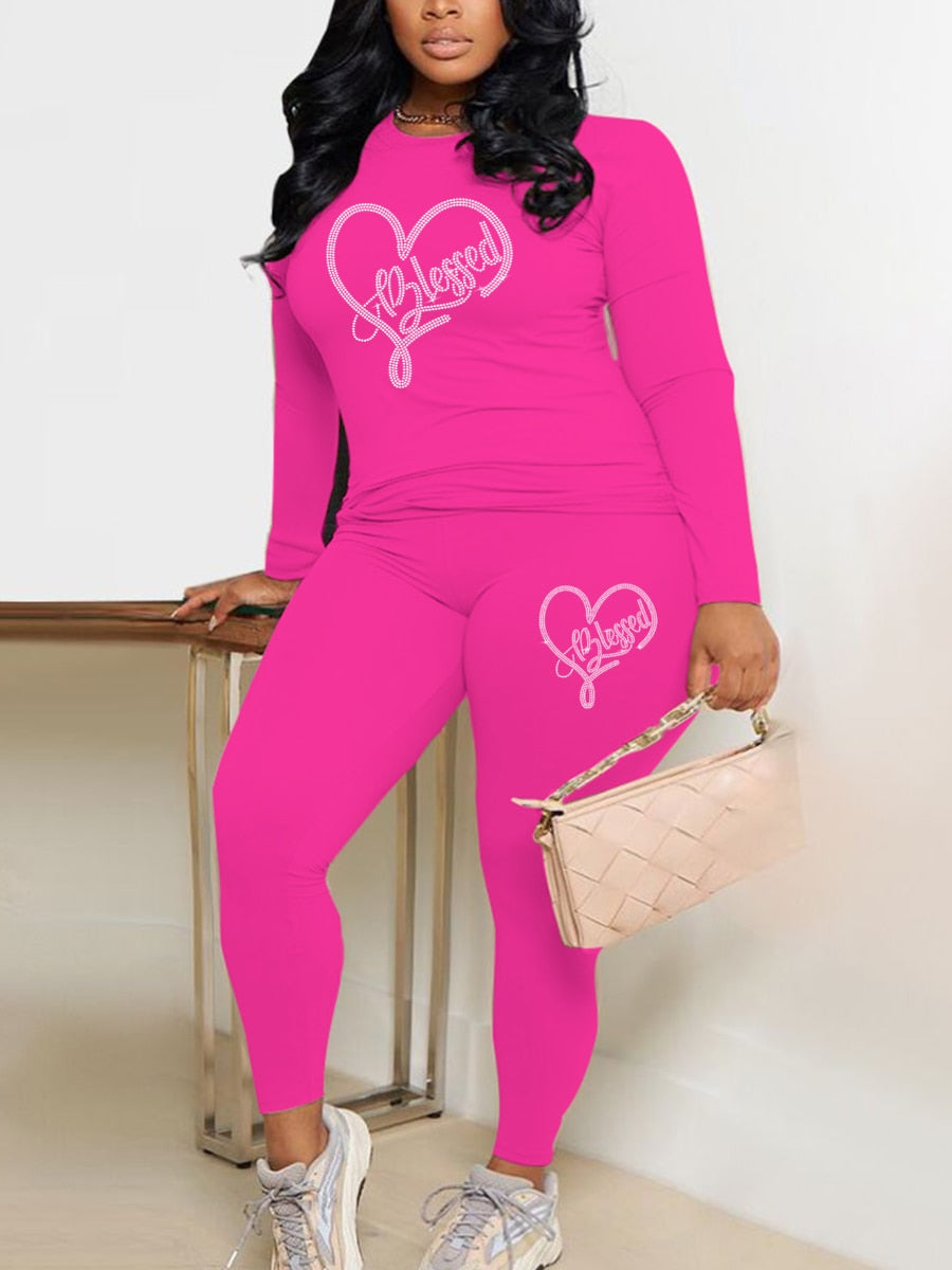 Tune Squad /Heart / IDK IDC IDGAF Printed Long Sleeve Women's O-Neck T-Shirt + Pants 2-Piece Set to 5X Plus Size