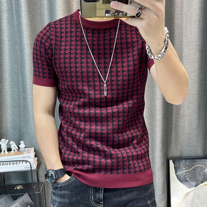 Men's Short Sleeve Knitting Color Contrast T-Shirt