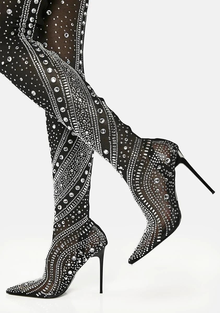 Crystal Embellishment Pointed Toe High Rhinestone Boots