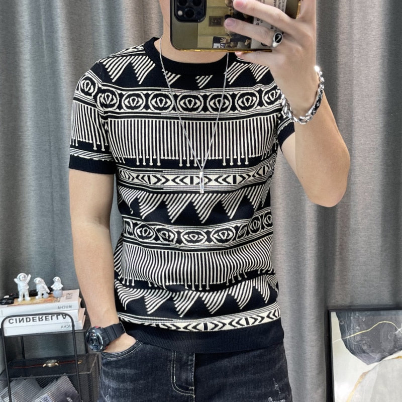 Men's Short Sleeve Knitting Color Contrast T-Shirt