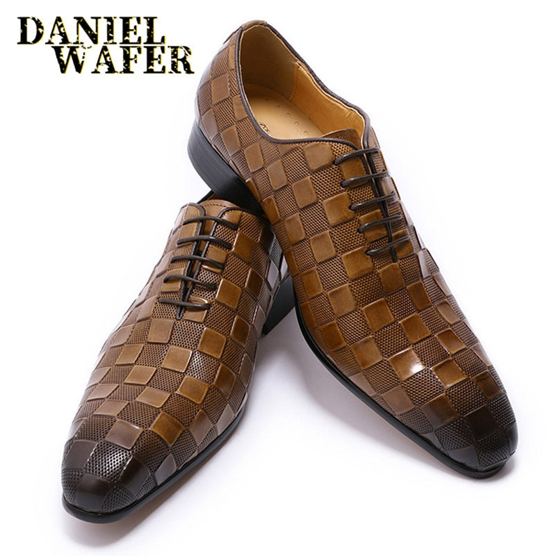 Men's Italian Leather Plaid Print Lace-Up Oxford Dress Shoes