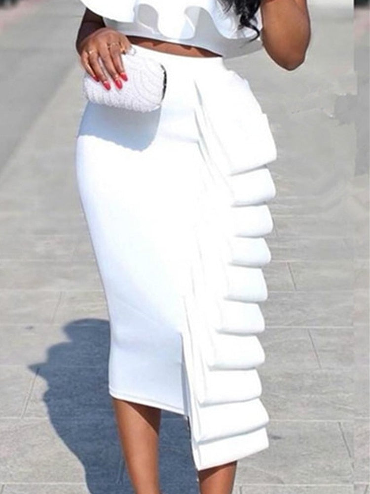 Ruffled Off Shoulder Backless Sleeveless Crop Top + Matching Maxi Skirt