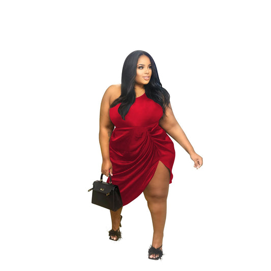 One Shoulder Solid Asymmetrical Ruched High Side Slit Mini Dress to 5X Plus Size