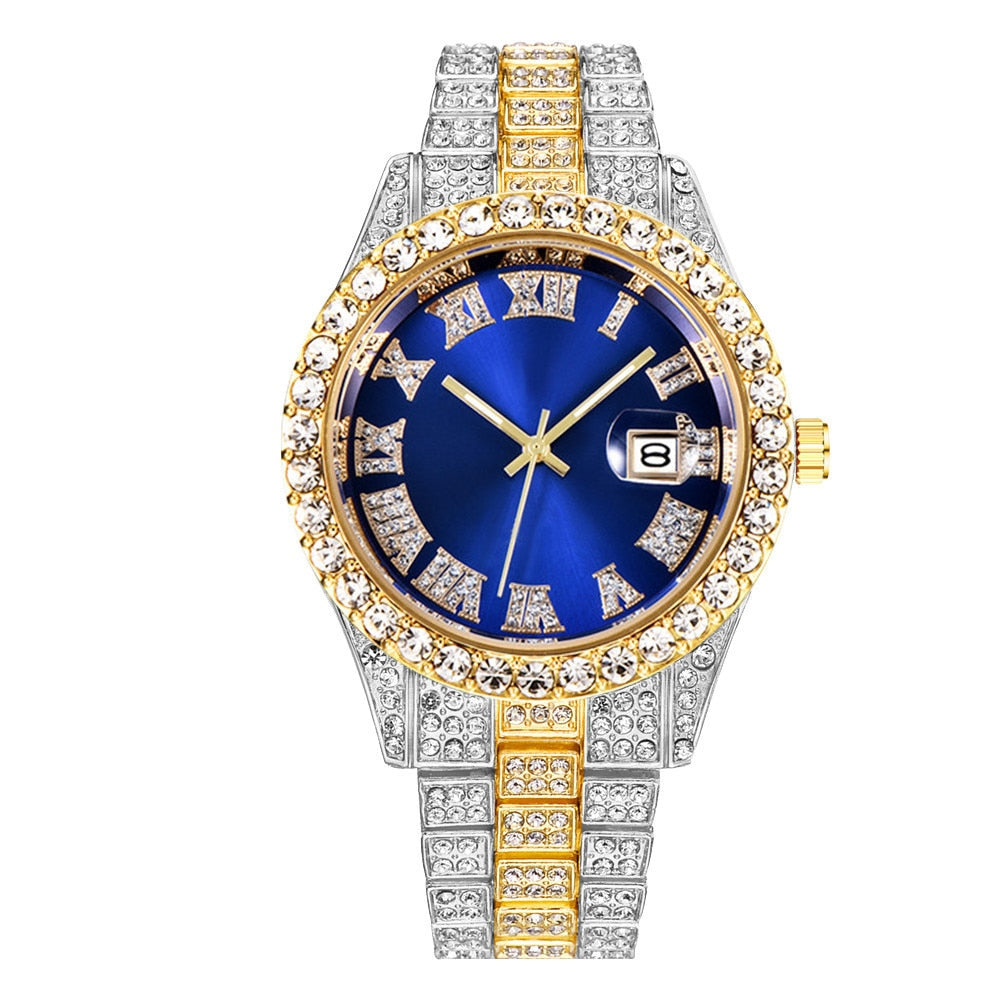 Colored Iced Out Full Diamond Around Luxury Quartz Men's Watches Silve